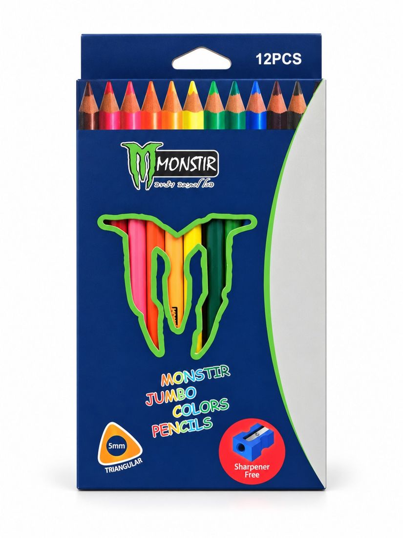 עפרונות ג׳מבו Monstir — 12 צבעים ומחדד